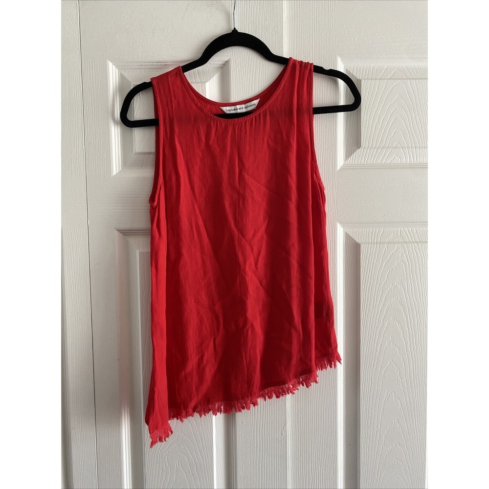 Cupcakes and Cashmere‎ Asymmetric Fringe Tank Womens Size S Red Boho Crepe Top